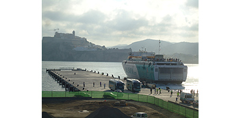 First docking of a ship at the north quay of the Botafoc docks in the port of Ibiza 