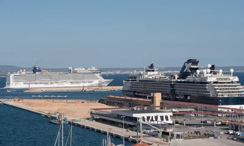 Vista panorámica del muelle de cruceros del puerto de Palma con varios buques turísticos atracados, pasarelas de embarque y el mar abierto al fondo bajo un cielo despejado