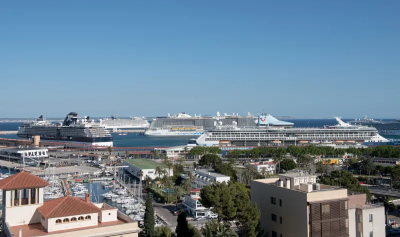 Imagen panorámica del puerto de Palma desde una posición elevada, con varios cruceros atracados y embarcaciones de recreo en primer plano, rodeados de instalaciones portuarias y zonas ajardinadas