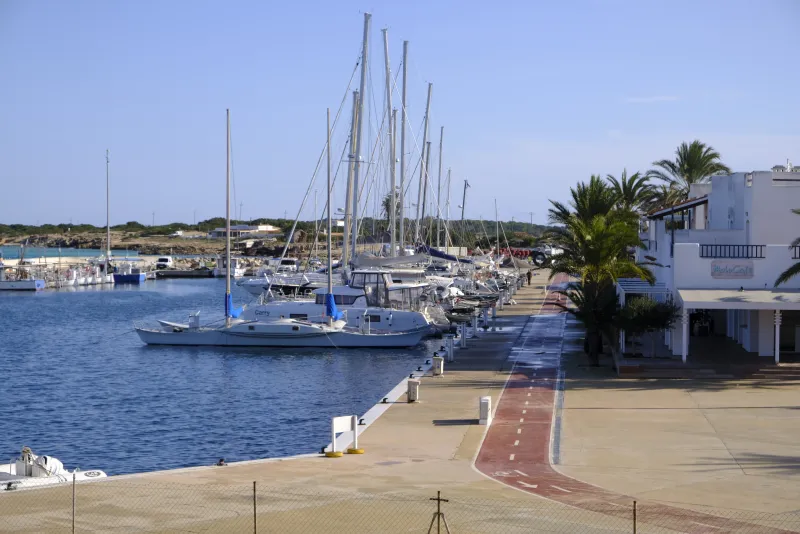 Embarcaciones de recreo y veleros atracados en el puerto de La Savina, en Formentera. A la derecha, paseo marítimo con palmeras y carril bici junto al mar bajo un cielo despejado